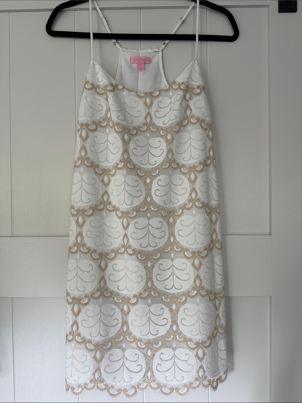 Lilly Pulitzer White Slip Dress with Gold Lace Overlay XS
